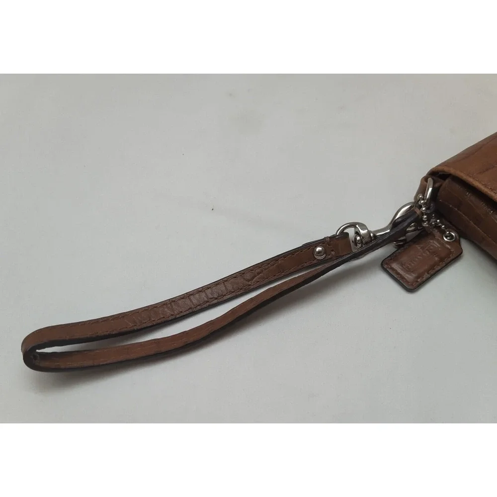 Coach Asley Brown Leather Snakeskin Embossed Flap Closure Wristlet Wallet